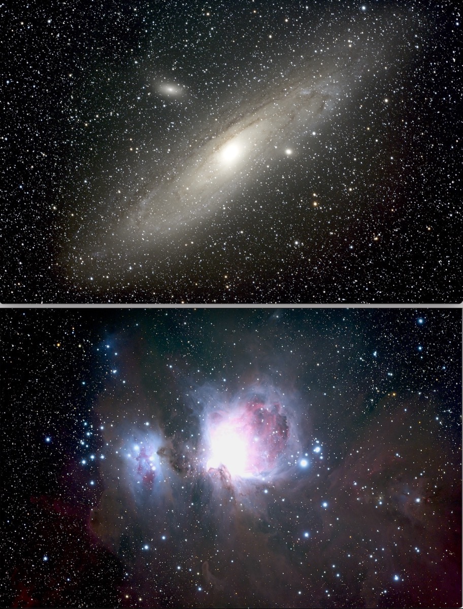 In this picture I placed my stacked pictures of Andromeda an Orion on top of each other. In each, you can see the structures of each and you can see the colors start to come alive.  Andromeda was starting to show the dust clouds of each arm and its center core surrounding its Super Massive Blackhole.  Orion on the other hand is a stellar nursery and continues to evolve over time.  This picture was created before I understood Flats, darks, and Bias frames.
