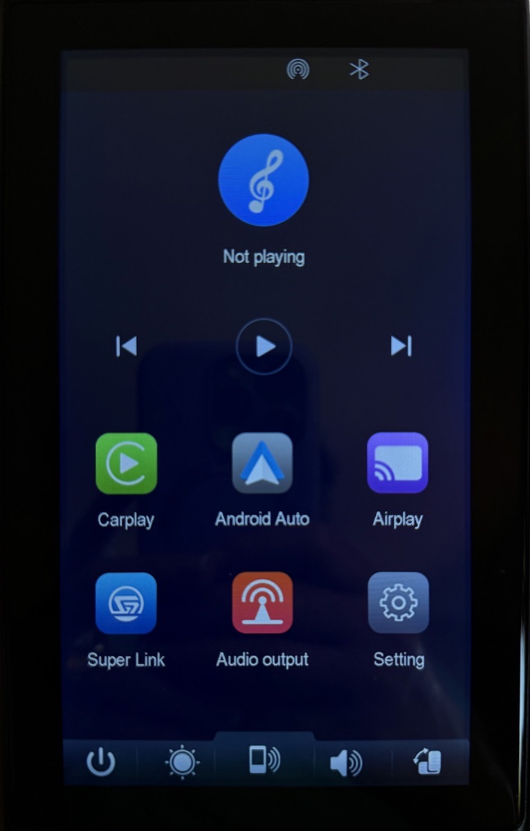 CarPlay screen first screen showing many options. CarPlay android auto airplay super link audio output and setting.