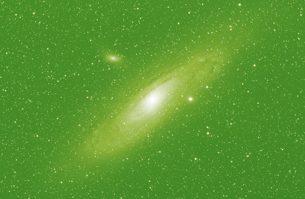 In this picture of Andromeda, you can see that each color of the sensor can see green light and as such, the green light washes over everything and overpowers the picture.  This is a know problem which is easily corrected software.