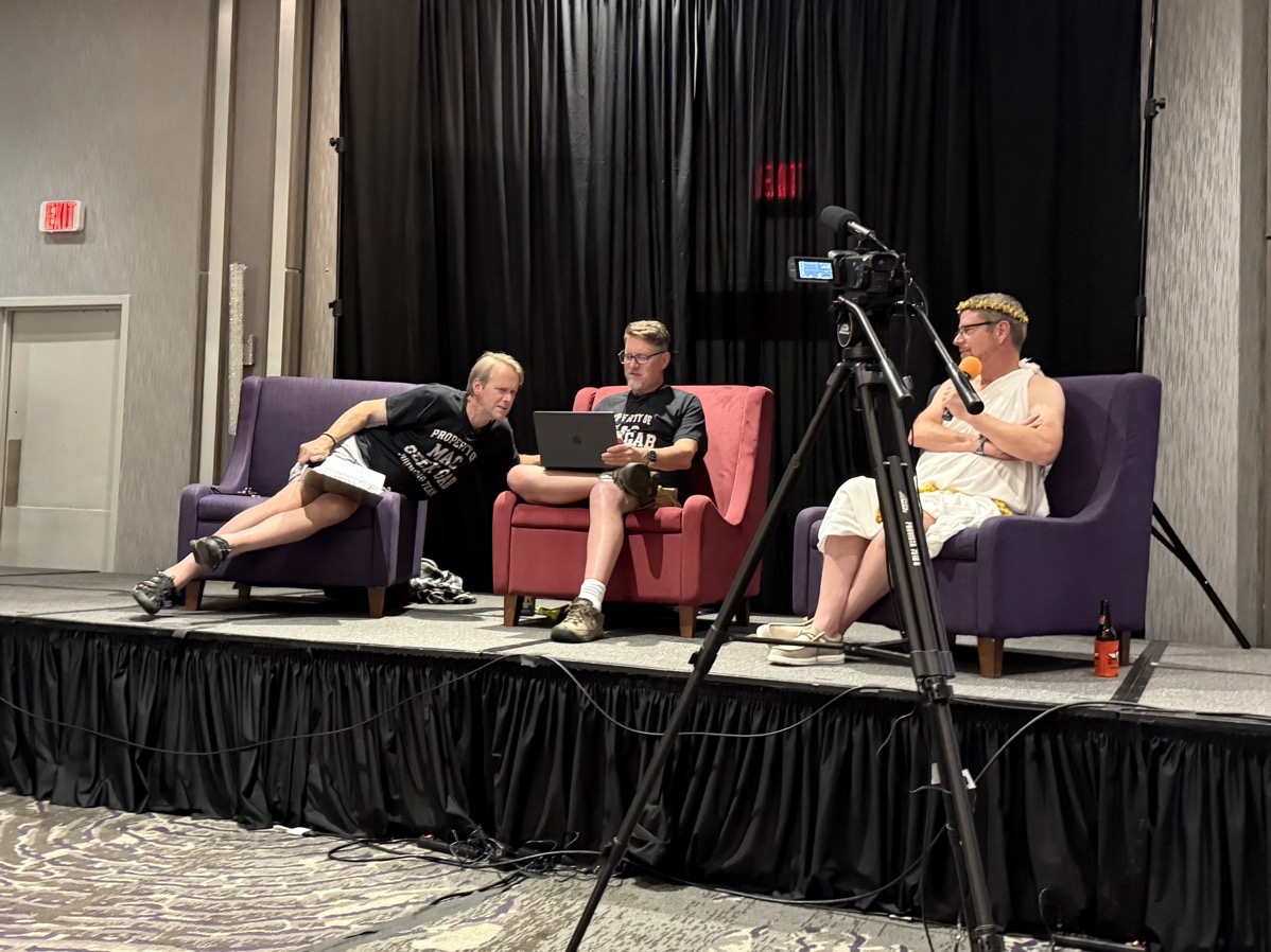 Mac Geek Gab Dave Hamilton Adam Christianson and Pilot Pete in a toga.