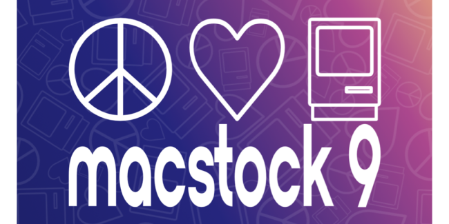 Macstock 9 logo with a peace symbol a heart and an OG Mac