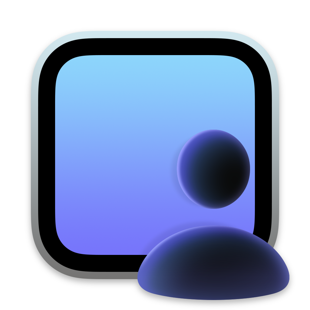 Screen Sharing app icon. gooey looking blue body and disconnected head representing a person I guess in front of a gradient blue square
