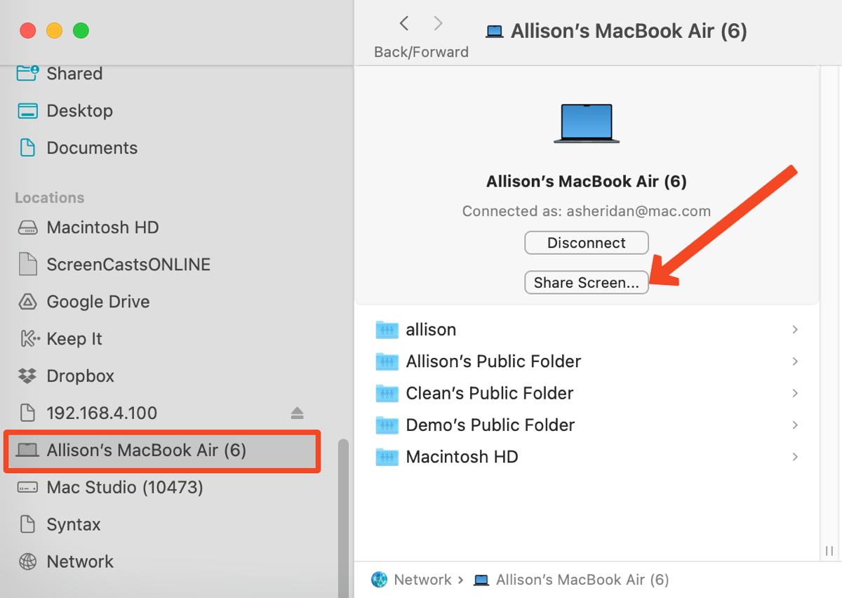 Screen sharing from the Finder sidebar into my MacBook Air.