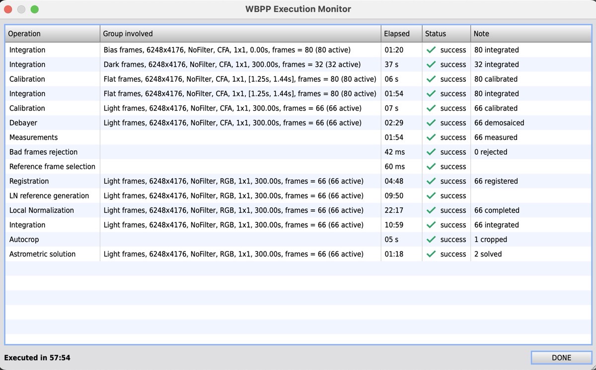This is a picture of the process PixinSight runs on my new M4 MB air.  Even though Allison was very concerned I should have perhaps purchased the M4 Max in a MB Pro,  this computer runs PixinSight very well.  Each step is shown and there is a timer to let you know how long the process has been running.  66 light frames is not a lot, but I am finding even when I stack 178 light frames, the wait is worth the results.