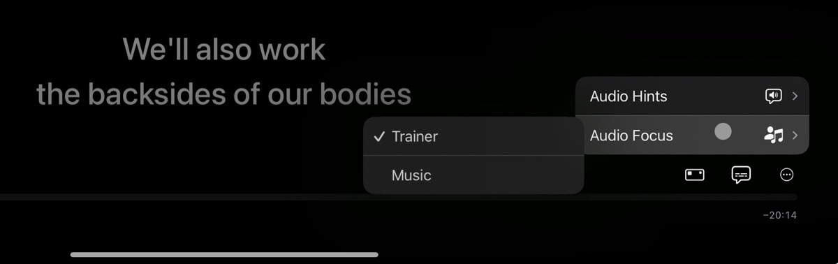 Popup menu in Apple Fitness+ on iPad for audio focus.