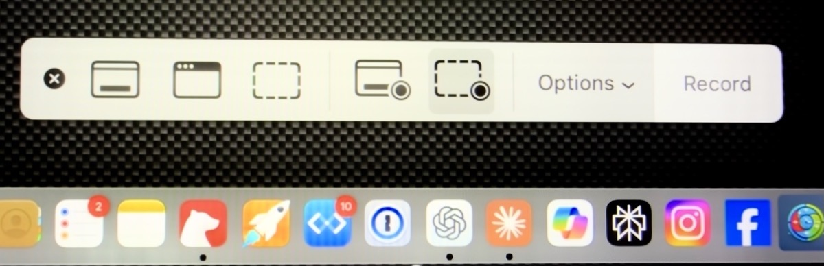 Screenshot tool using camera. all of these images will show the 5 icons for different kinds of screenshots with the dock below it