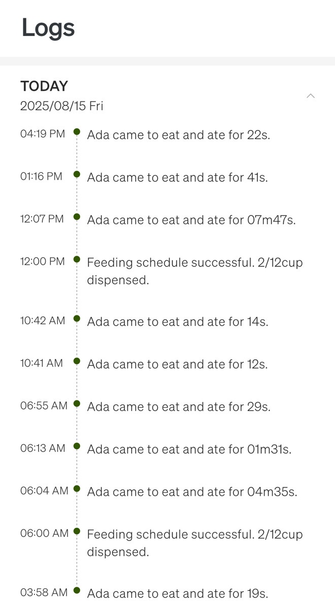 Ada log showing she ate 9 times for 16 min.