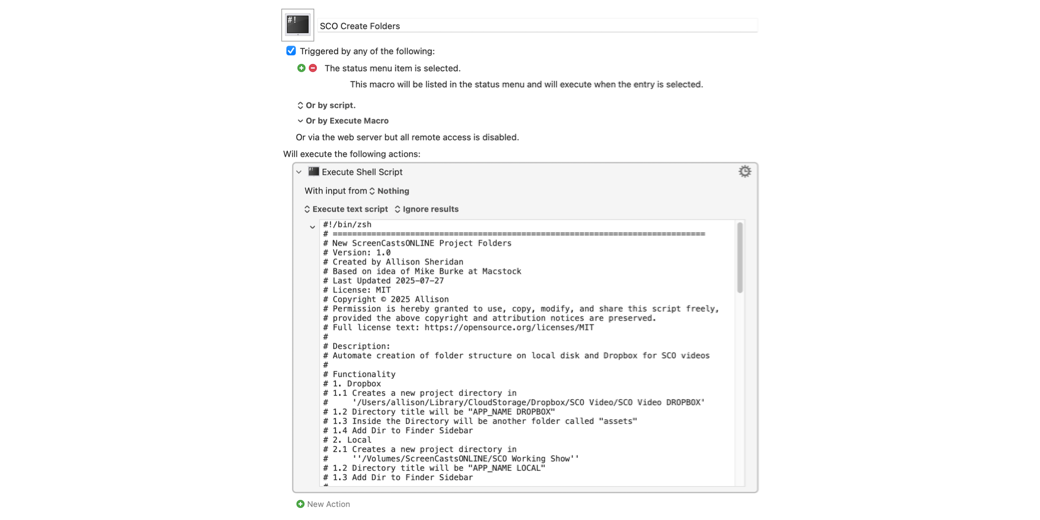 Keyboard Maestro showing embedded shell script for project folder automation