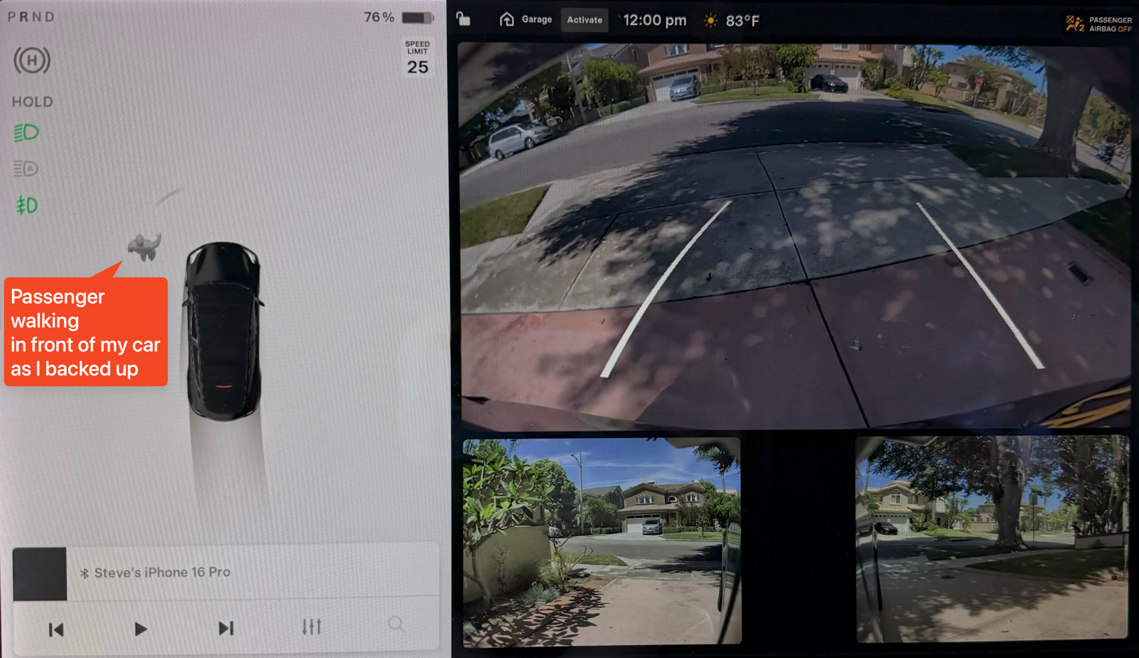 Tesla rear view and side view cameras plus human detection.