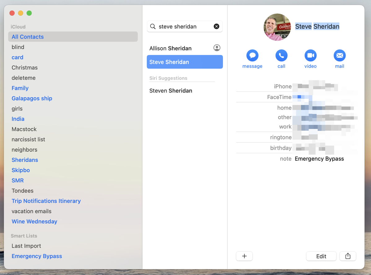 Contacts showing lists in blue that Steve is a member of.