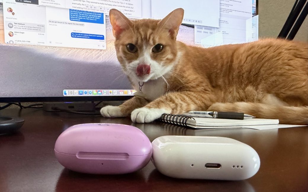 Edge view of Beats Fit Pro and AirPods Pro 3 showing thicker Beats case with an orange cat licking its lips in the background while leaning against a computer display.
