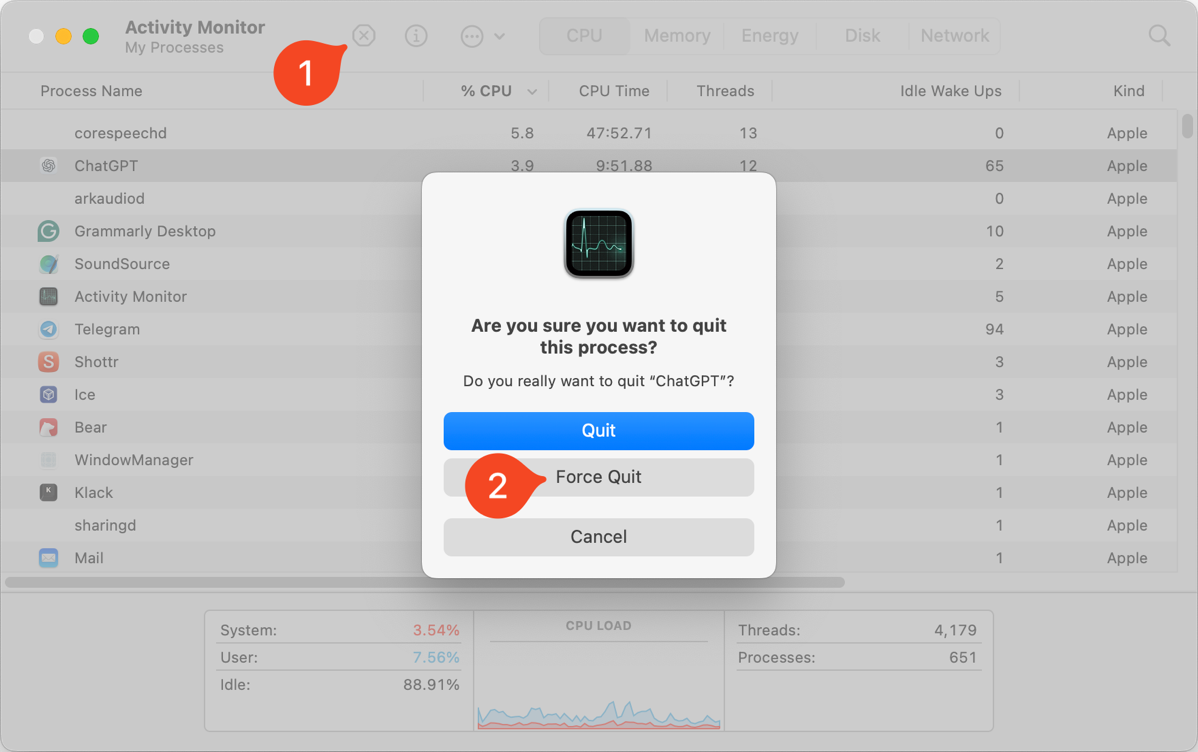 Force Quit from Activity Monitor.