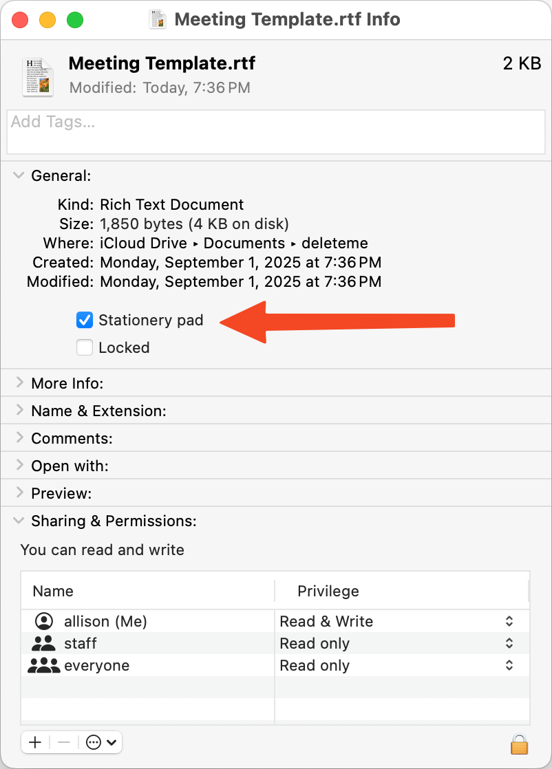 Get Info on Meeting Template file showing stationary checkbox.