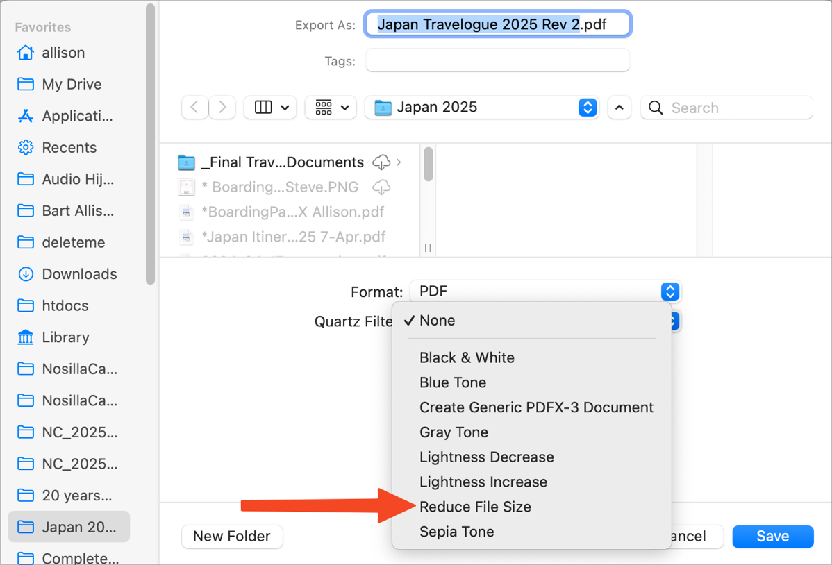 PDF export dialog box for Japan Travelogue Pointing to Reduce File Size.