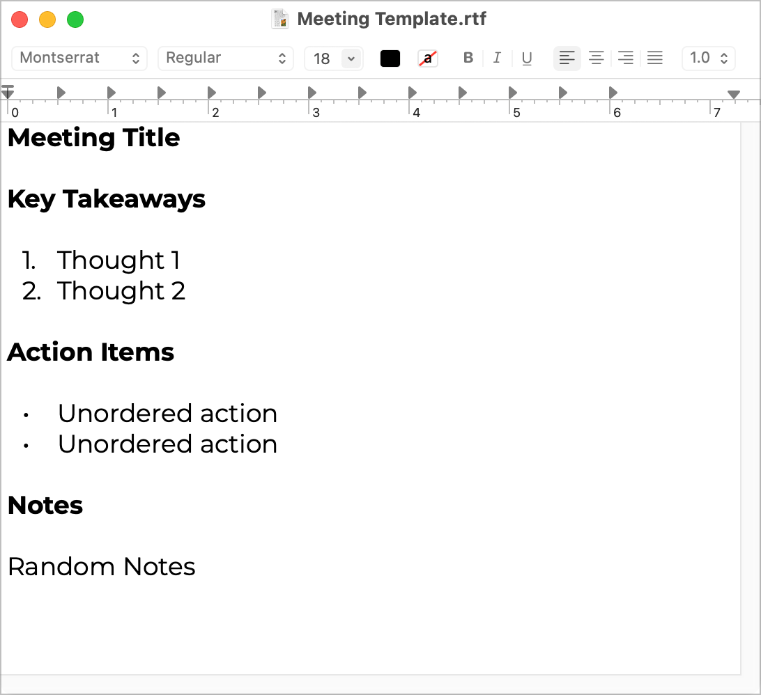 TextEdit showing meeting template with headings as described.