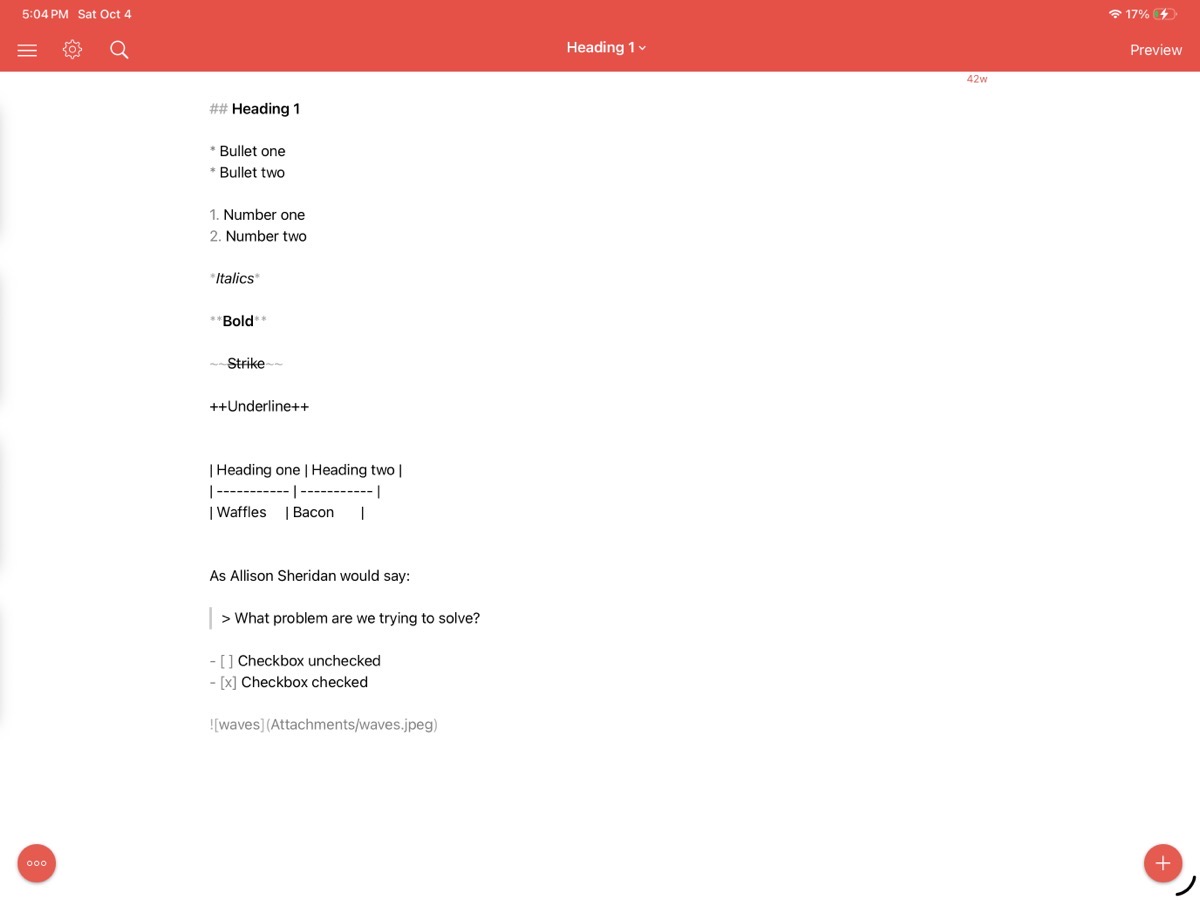 1Writer showing plain text of Markdown export from Notes.