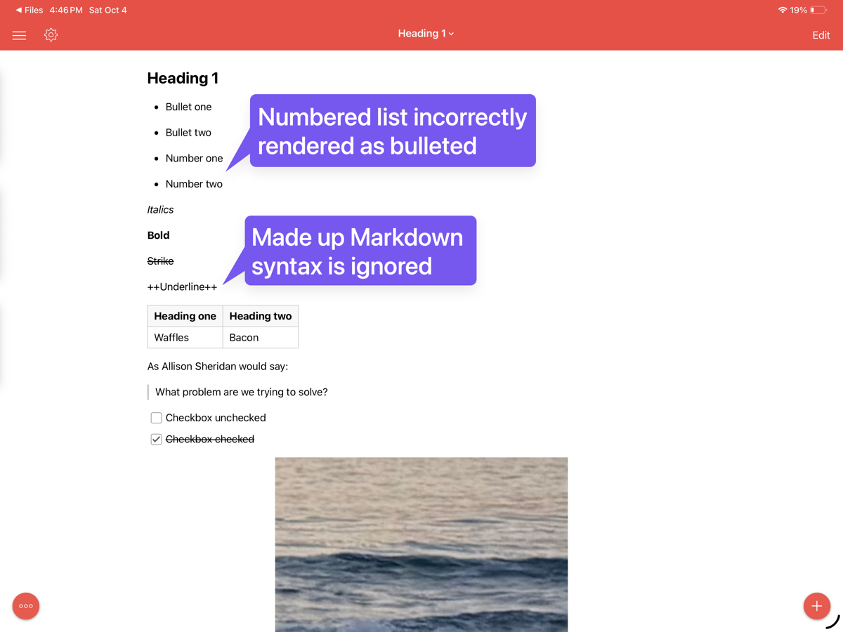 1Writer showing rendered Markdown. I annotated the bug about numbered lists and the ignored underline syntax