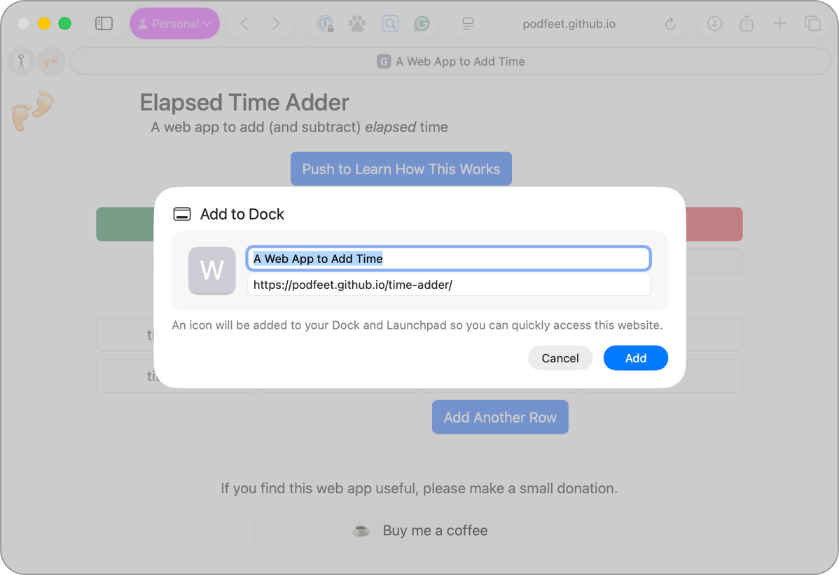 Add to Dock showing my time adder url and an optional name.png Add to Dock showing my time adder url and an optional name.