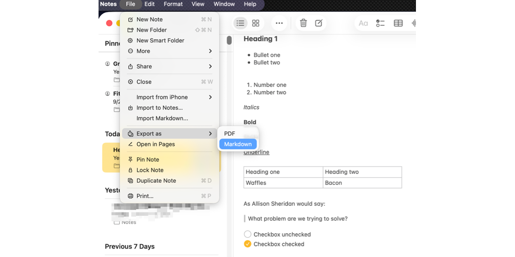 Apple Notes File Export as Markdown menu