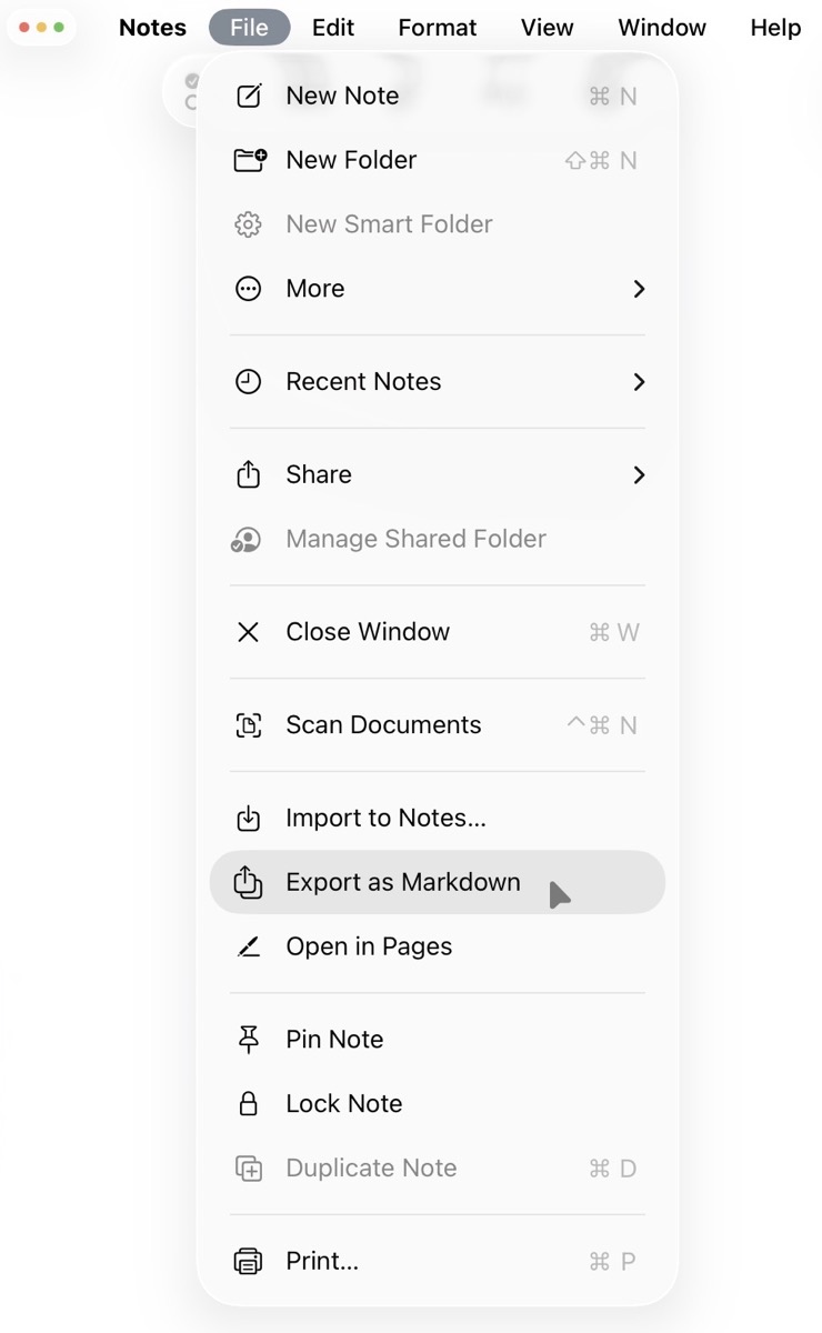 Apple Notes File Export to Markdown menu.