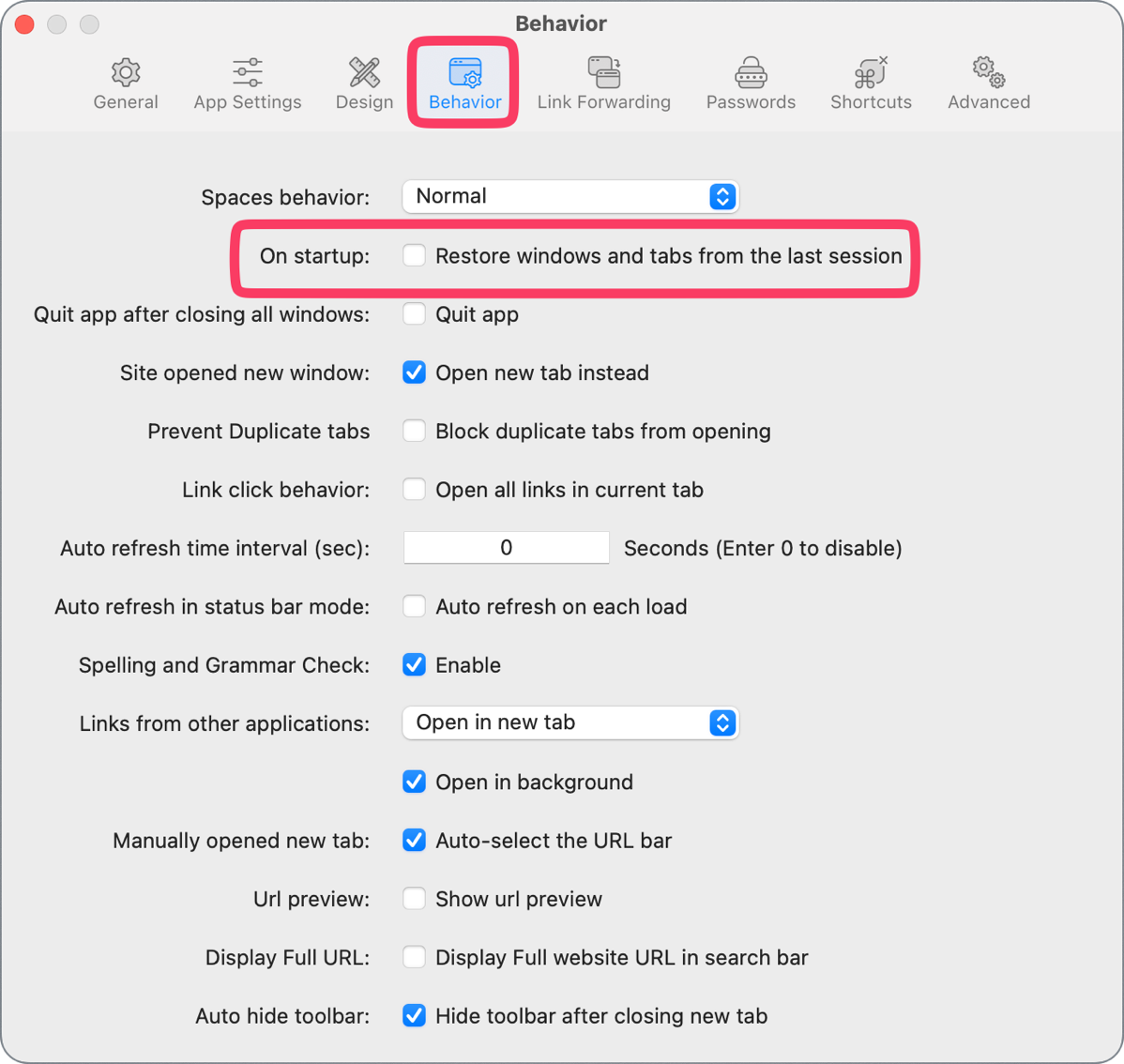 Behavior in settings uncheck restore windows and tabs from last session.png Behavior in settings uncheck restore windows and tabs from last session.