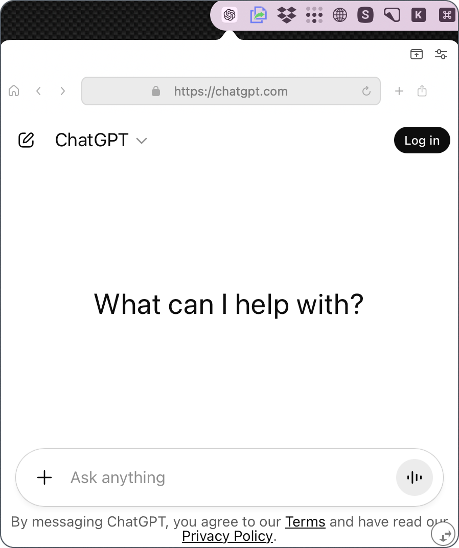ChatGPT as a menu bar status app attached to its menu bar icon.png ChatGPT as a menu bar status app attached to its menu bar icon.