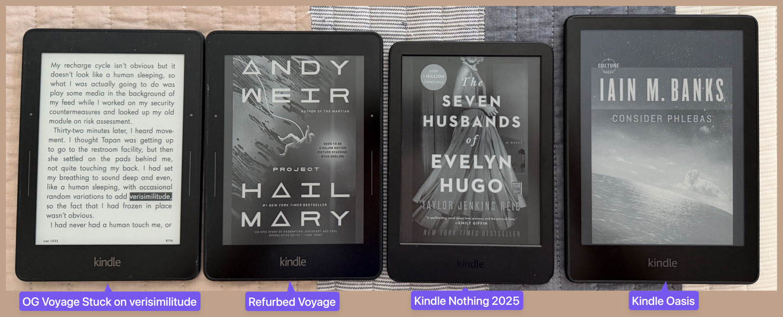 Dead Voyage Live Voyage Kindle Nothing and Oasis annotated.png Four Kindles lined up in a row: Dead Voyage, Live Voyage, Kindle Nothing and Oasis annotated with names.