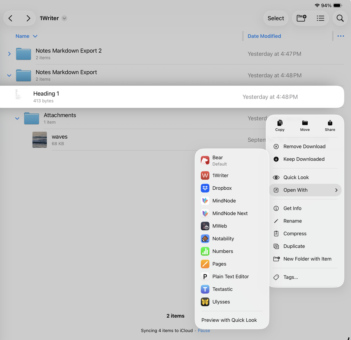 Files app showing popup menu offering open with and apps for plain text files.