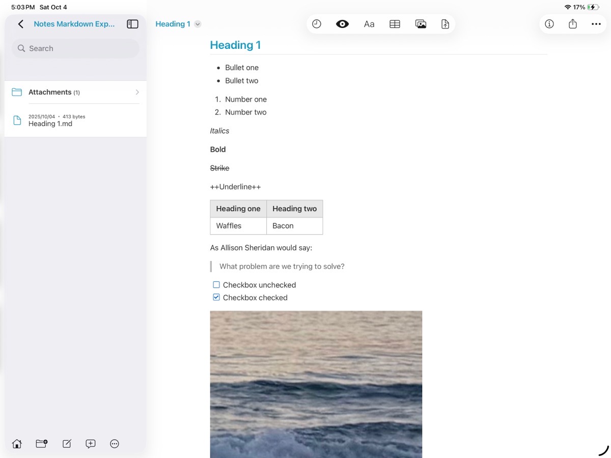 MWeb rendering the same exported Markdown file.