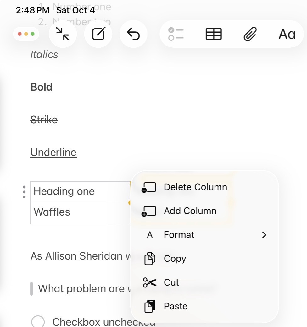 Notes table options to delete or add column and more.