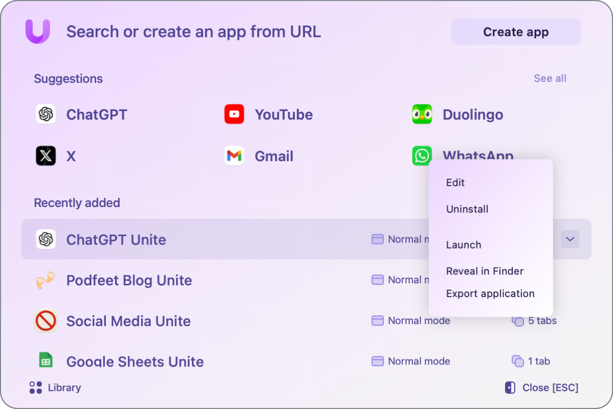 Options to change existing app in Unite.png Options to change existing app in Unite.