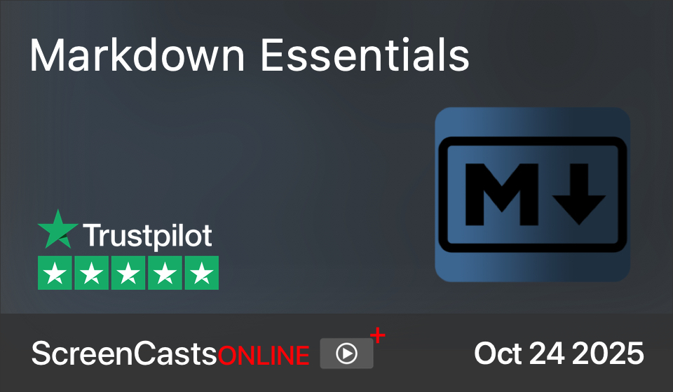 Markdown Essentials title with ScreenCastsONLINE logo and Markdown logo