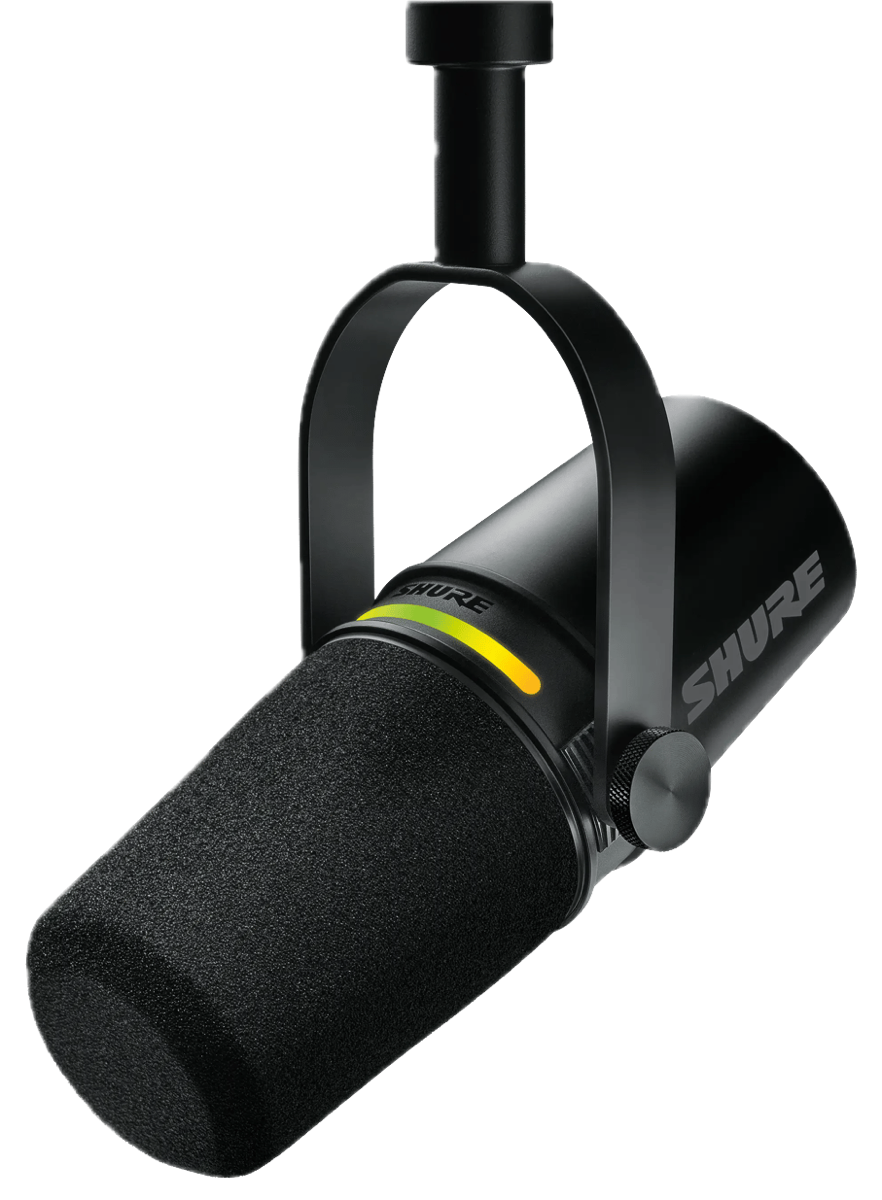 Shure mv7+ mic hanging down from a boom arm.png Shure mv7+ hanging down in a stirrup, probably attached to a boom arm. The mic is maybe 8 inches long with the foam mic input end pointed slightly downwards. there is a colored ring over the top.