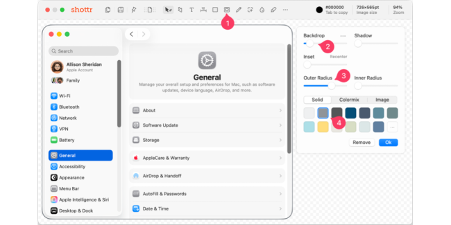 Backdrop options in the app shottr to add border radius and color.