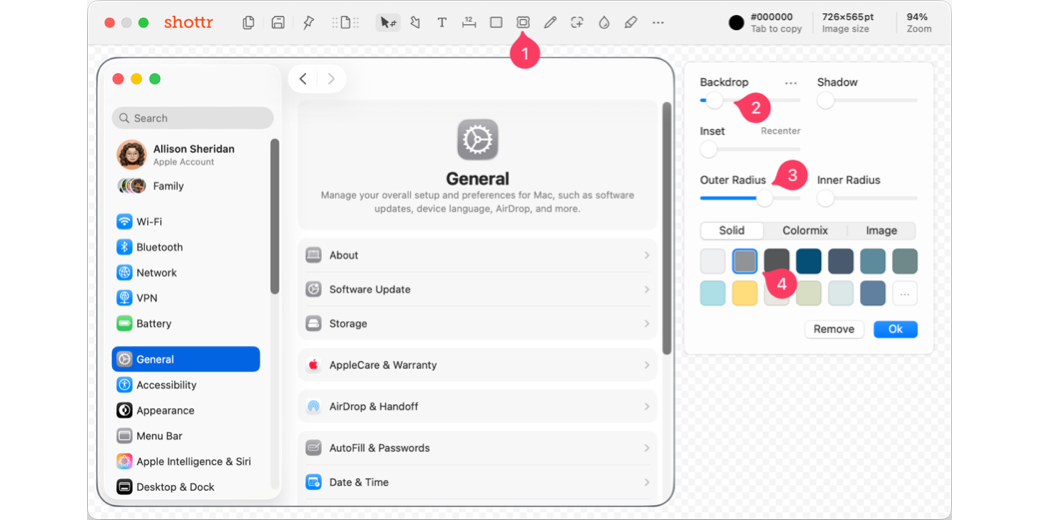 Backdrop options in the app shottr to add border radius and color.