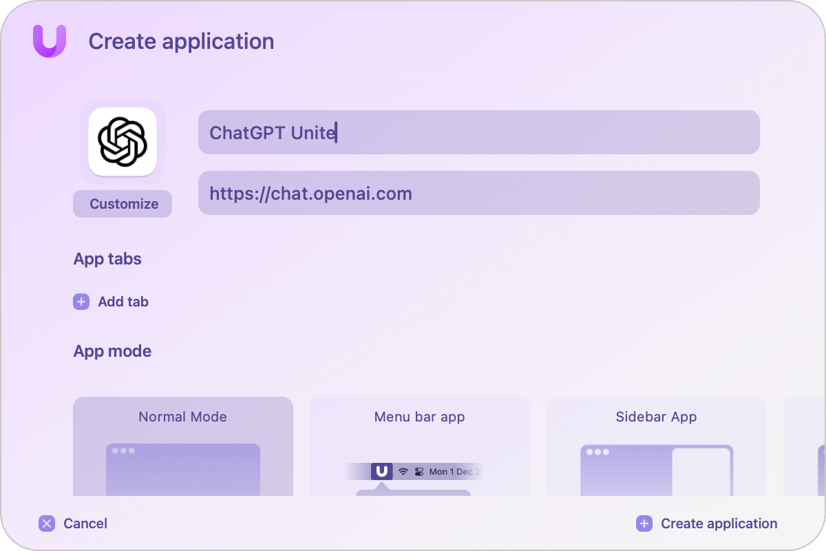 create application Unite first page.png Create application Unite first page.