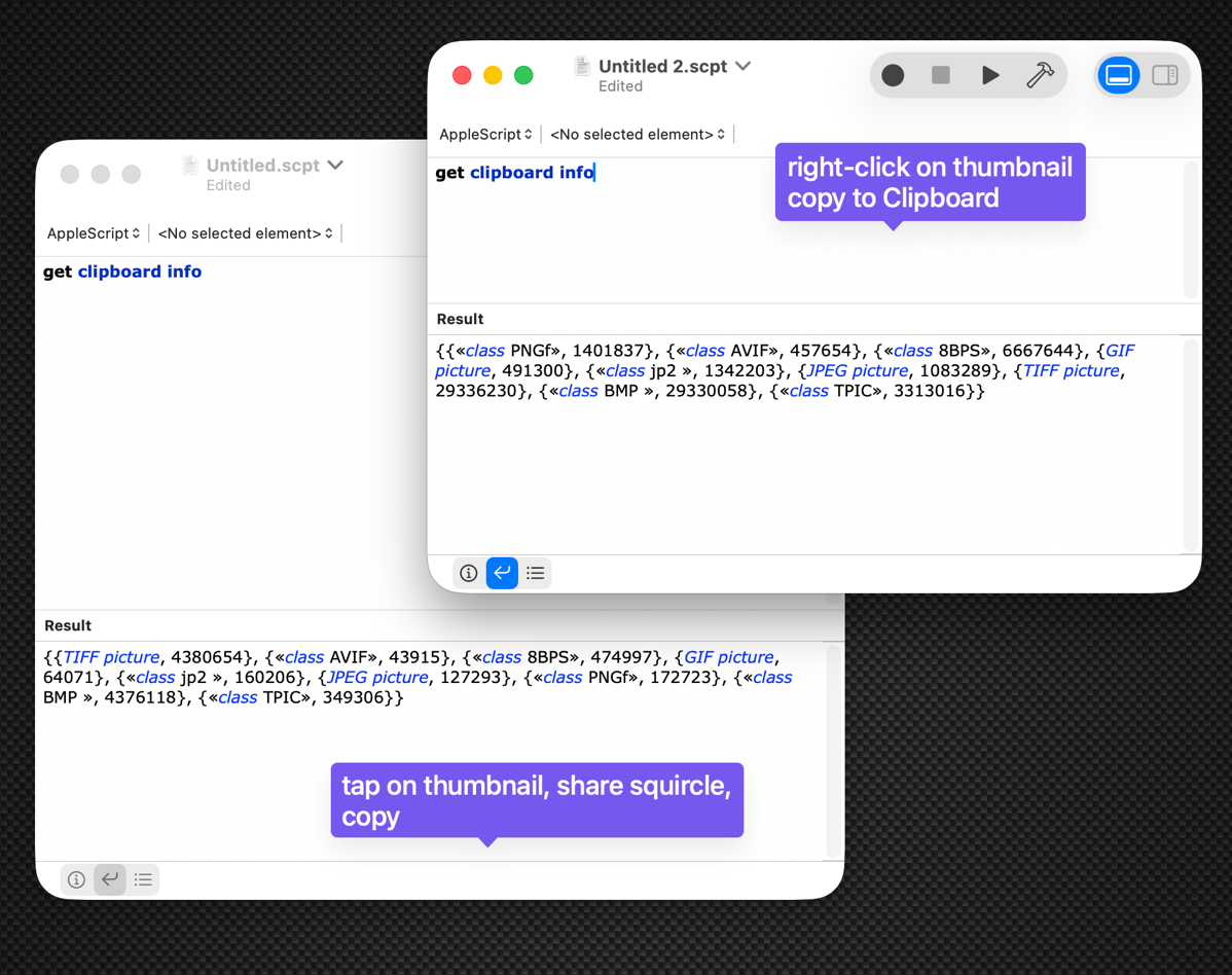 dr drang scripting idea two images.png Script editor asking in two windows for info. One shows PNG the other TIFF.