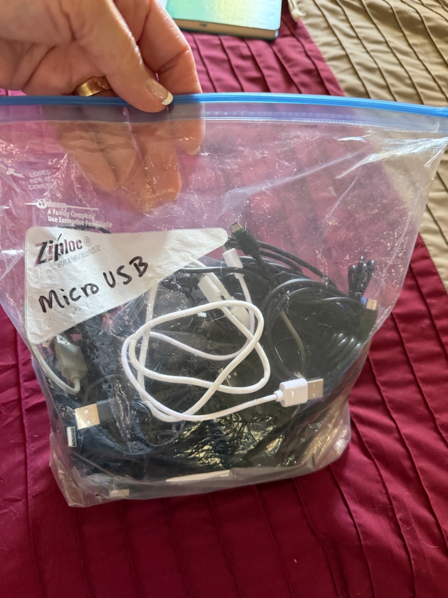 Labeled ziploc filled with Micro-USB cables.
