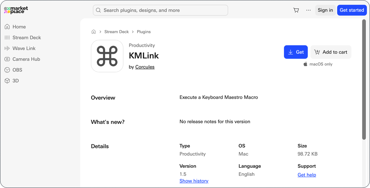 KMLink in the Stream Deck Marketplace on the web.