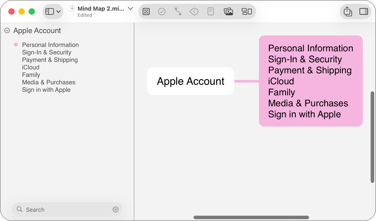 Left sidebar showing outline with main window showing mind map and 7 items in one node.png Left sidebar showing outline with main window showing mind map and 7 items in one node.