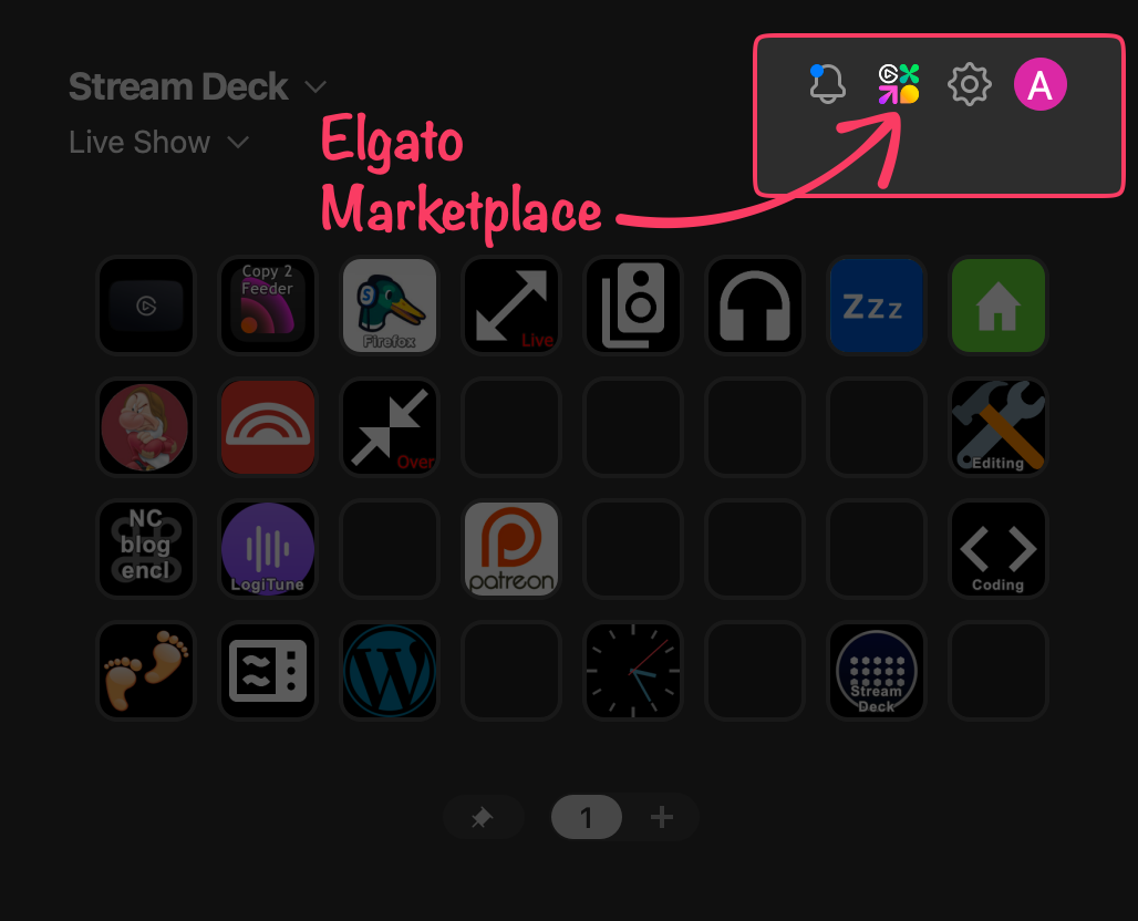 Stream Deck interface with an arrow pointing to the Elgato Marketplace.