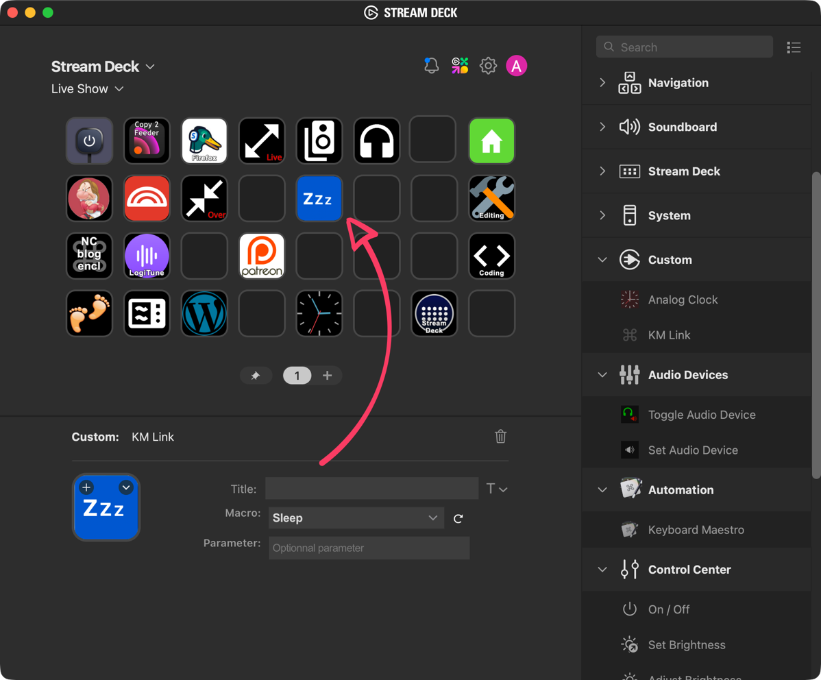 Stream Deck with complete button with zzz icon and sleep macro applied.