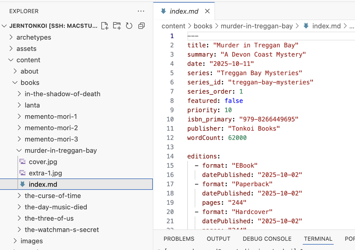 Screenshot of VS Code with the website loaded. The left panel shows some of the directory structure, focused on the content > books section, with index.md within murder-in-treggan-bay highlighted. The right side shows the start of index.md, as described in the article body.