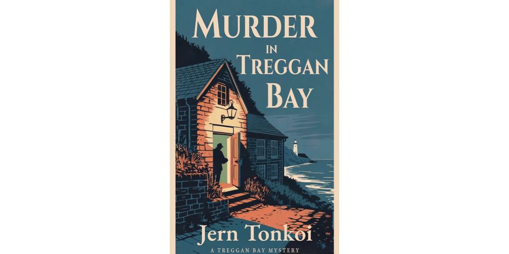 Book cover for Murder in Treggan Bay showing a dark and dismal rocky coast with a house hanging to the edge of the cliff, with a light on the entryway