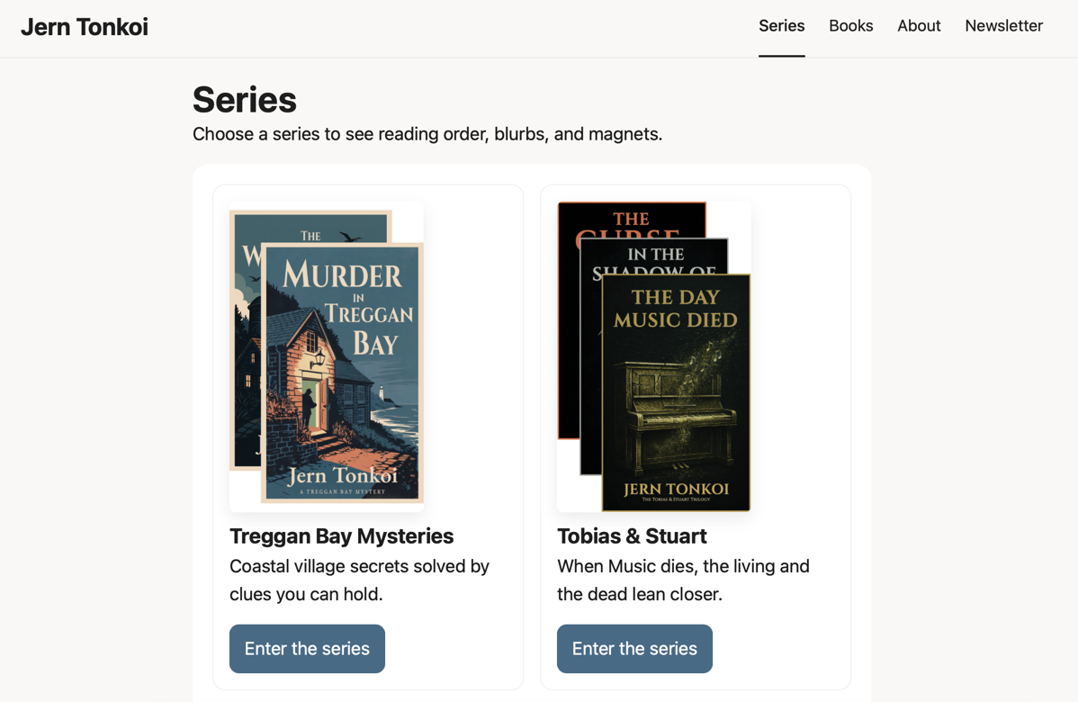 Screenshot of the website jerntonkoi.com in the Series section showing the header name “Jern Tonkoi” and two book series, “Treggan Bay Mysteries” and “Tobias & Stuart” using stacks of their book covers and short description.