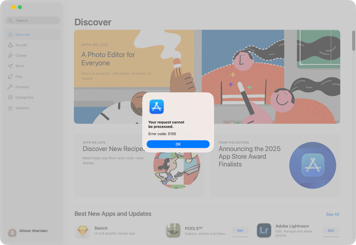 App Store error saying your request could not be processed.