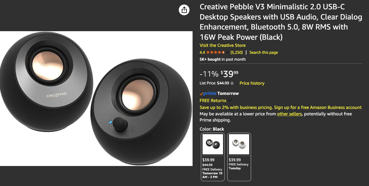 Creative Pebble V3 Minimalistic Desktop Speakers.png Creative Pebble V3 Minimalistic 2.0 USB-C
Desktop Speakers with USB Audio, Clear Dialog Enhancement, Bluetooth 5.0, 8W RMS with 16W Peak Power (Black)