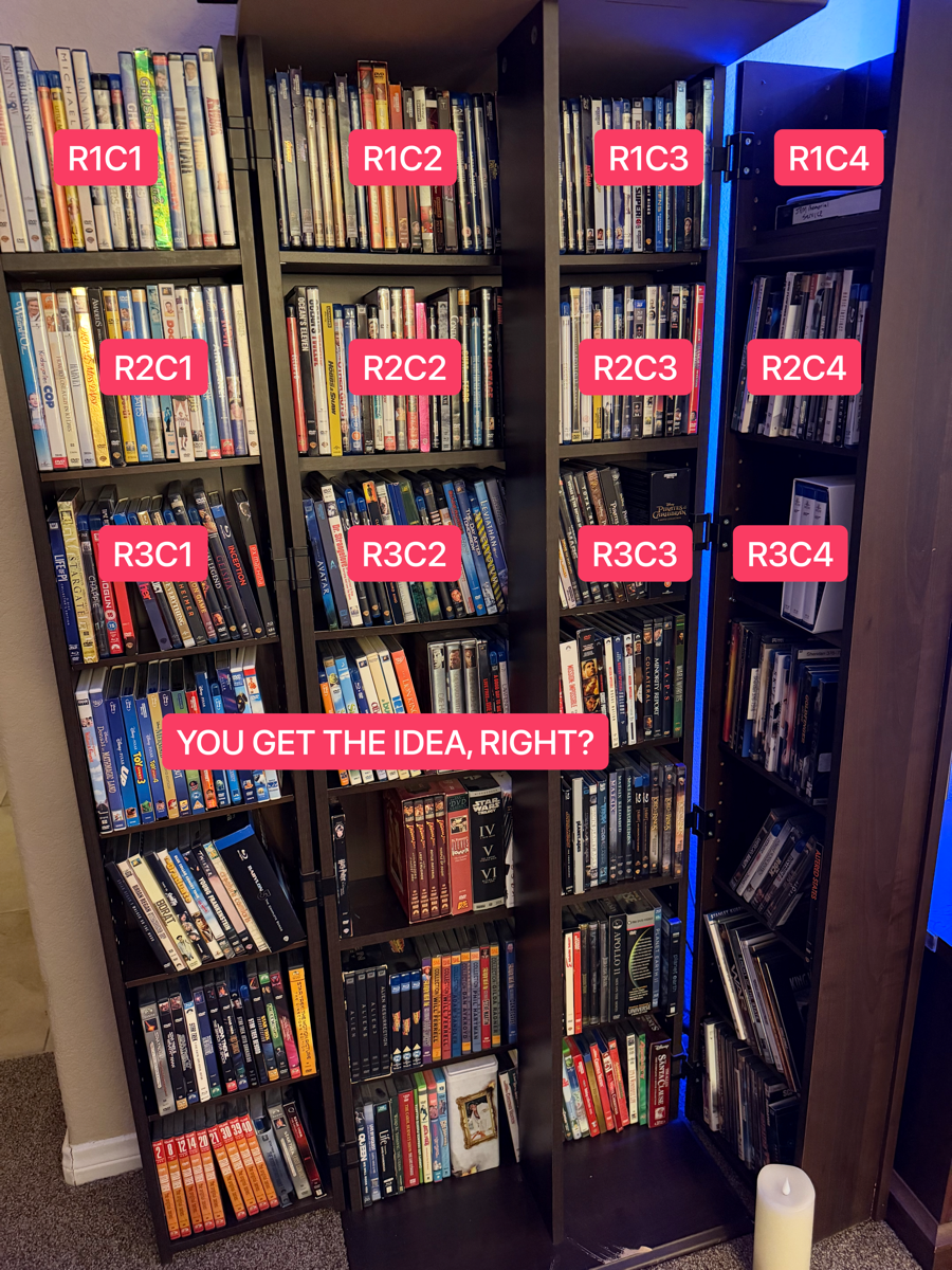 DVD cabinet with 300 DVDs. I typed the R1C1 row column numbers onto the photo for the first 3 rows just for the comedy