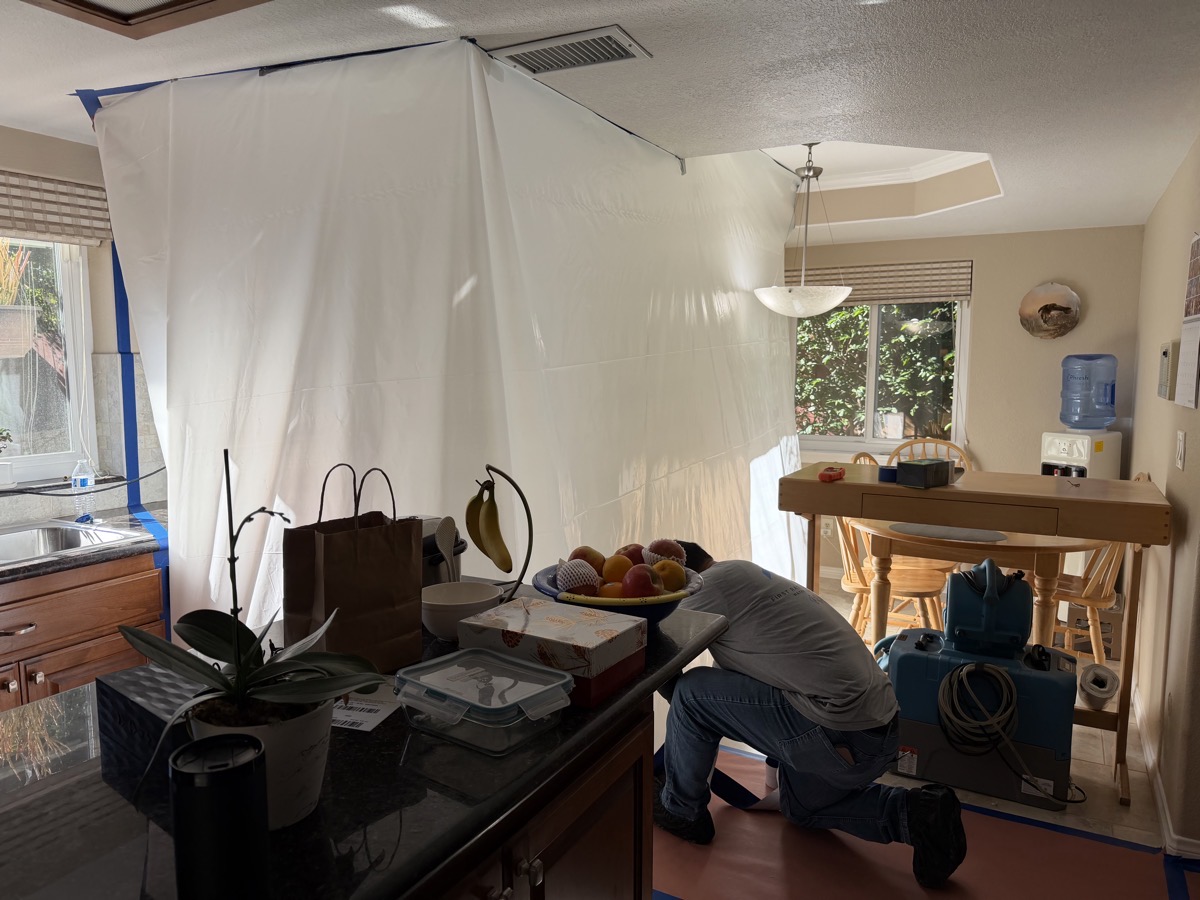 Kitchen with tent from floor to ceiling isolating the south wall.jpeg Kitchen with tent from floor to ceiling isolating the south wall.