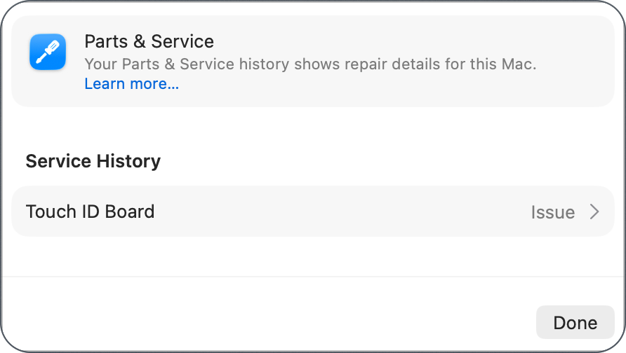 Settings showed Parts & Service with a section for service history and Touch ID Board.